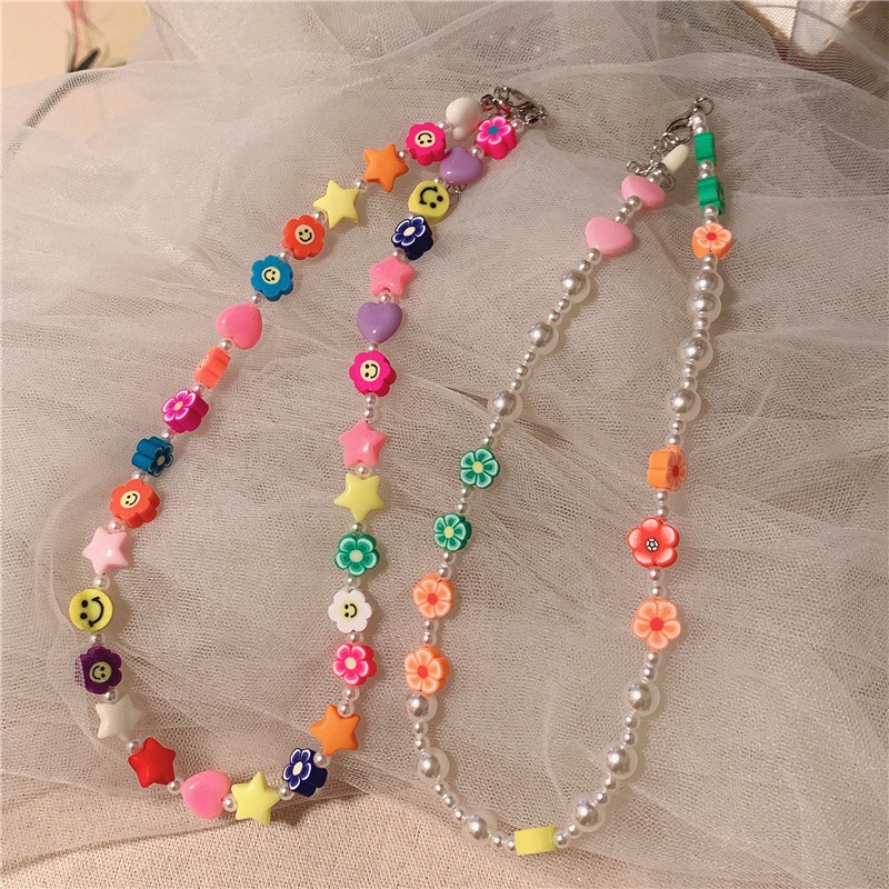 Kalung Choker Manik-Manik Mutiara Warna-Warni Bentuk Bunga Dan Bintang