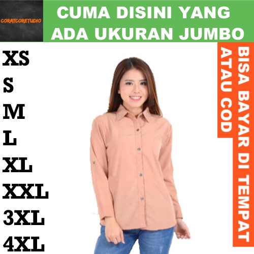 CORAT CORET Kemeja Wanita Hem Cewek Jumbo Panjang Polos Kantong COKLAT SUSU KHAKI MOKA KREM KHAKIS