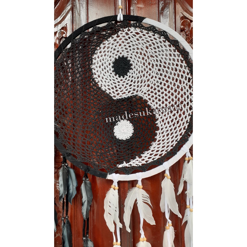 Dream catcher yin yang sulam jaring benang dekorasi hiasan gantungan bulu ayam