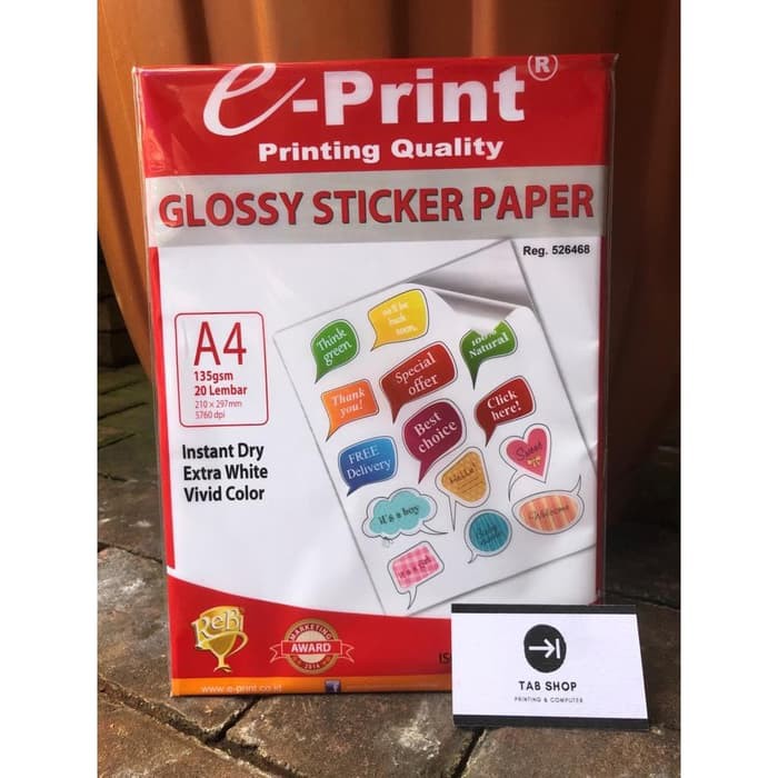 

HJK TAB SHOP - EPRINT GLOSSY STICKER PHOTO PAPER A4 135 GSM 20 SHEETS - E-PRINT KERTAS STIKER