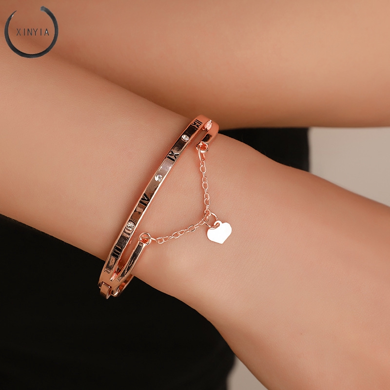 Luxury Gelang Stainless Steel Bracelets Bangles Female Heart Bracelet Rumbai Dengan Angka Romawi