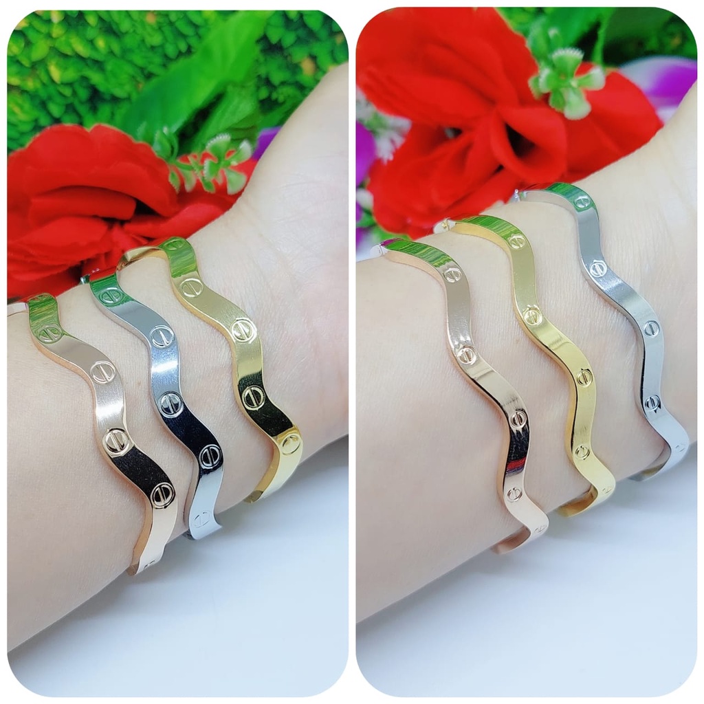 Titanium gelang dan cincin berbentuk gelombang perhiasan fashion （lebar6mm dan 4mm) 9973