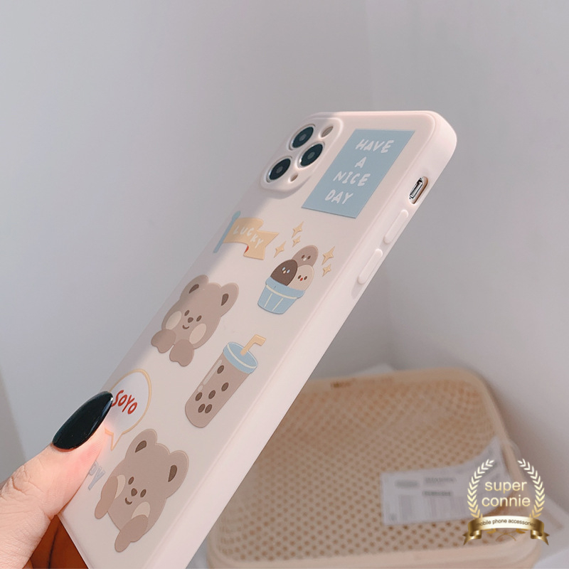 Kawaii Letter Case Kompatibel Untuk iPhone 7Plus 13 11 14 12 Pro Max X XR 7 8 6S 6 Plus XS Max SE 2020 Kartun Beruang Lucu Teh Susu Lembut tpu Penutup Tepi Lurus