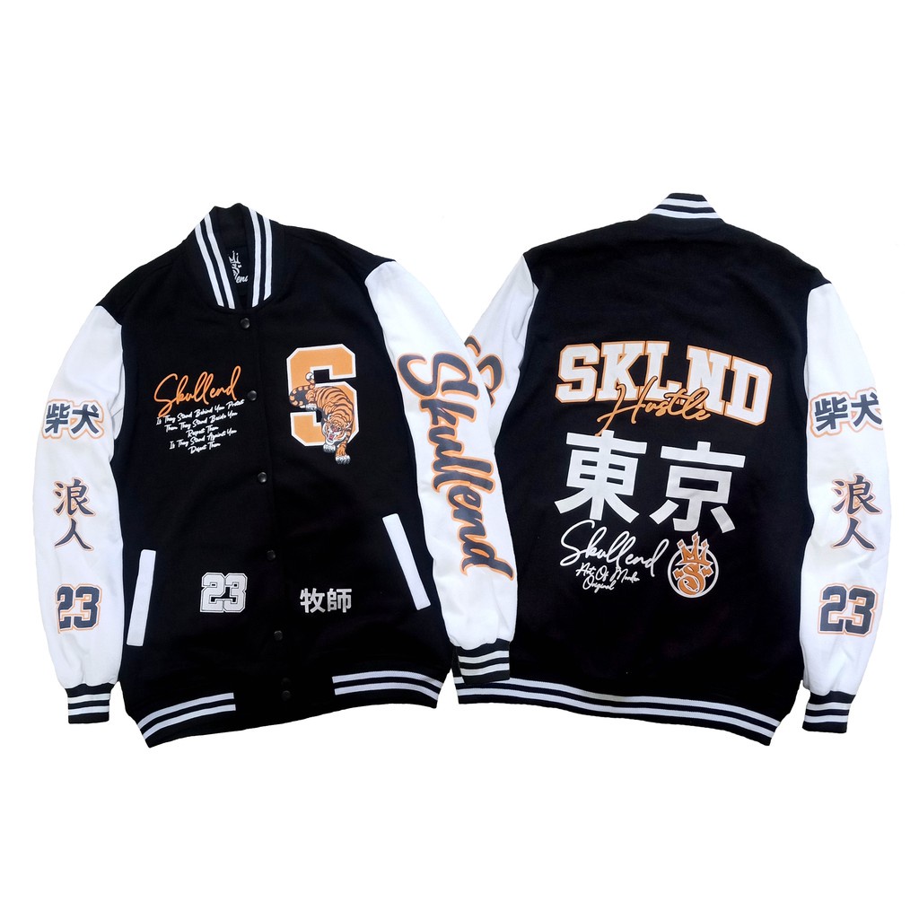 Varsity Jacket Baseball Vintage Pria Wanita - Jaket Varisty Jaket Besball Bisbol Cowok Cewek Original Distro Bandung-HUSTLE BLACK WHITE