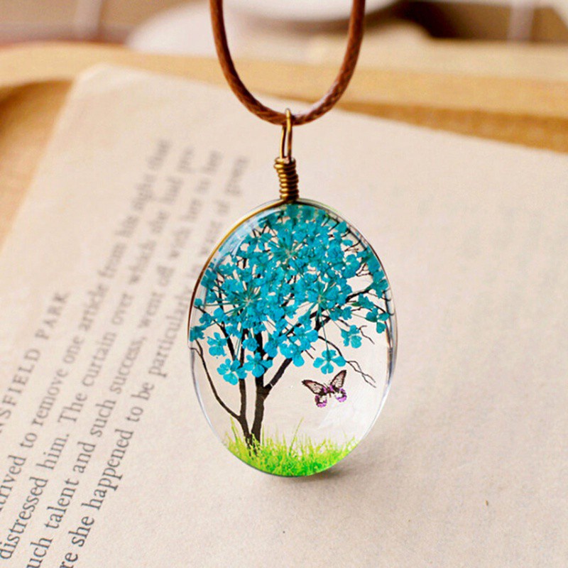Women'S Lifelike Tree Of Life Oval Shape Amber Pendant Necklaces Handmade Glass Plant Necklace