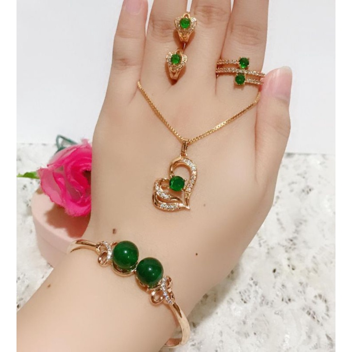 set wanita lapis emas gelang giok hijau tercantik