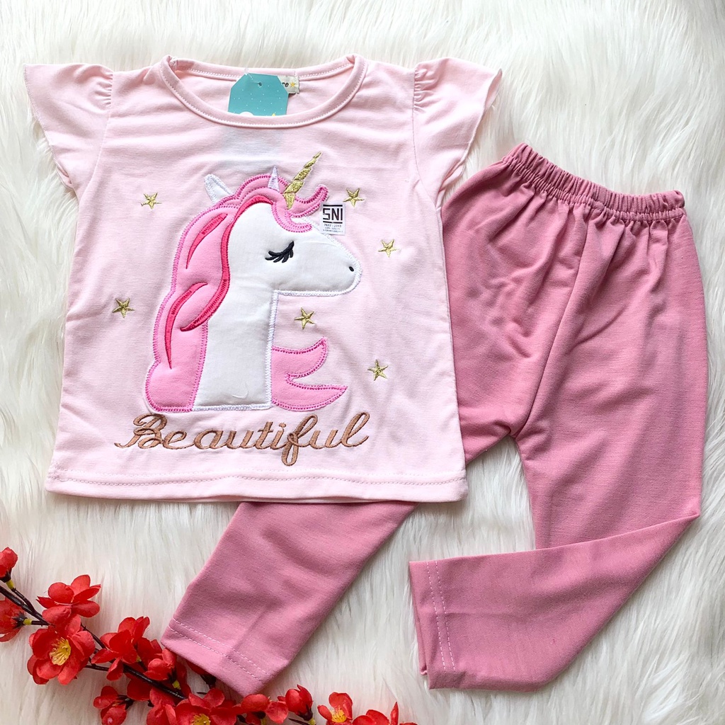 Baju setelan piyama tidur pink gambar lucu bestseller fashion anak bayi cewek perempuan murah -uni