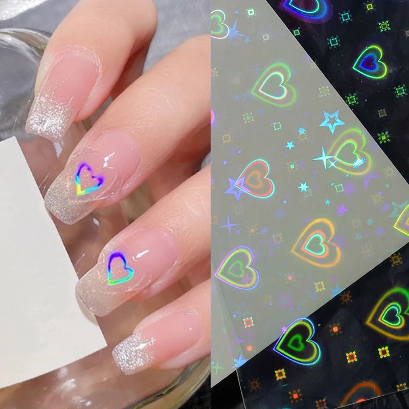 1 Lembar Stiker Kuku Holografik Fluorescent Foils Desain Hati Bintang Laser Transfer Air Untuk Aksesoris Manicure