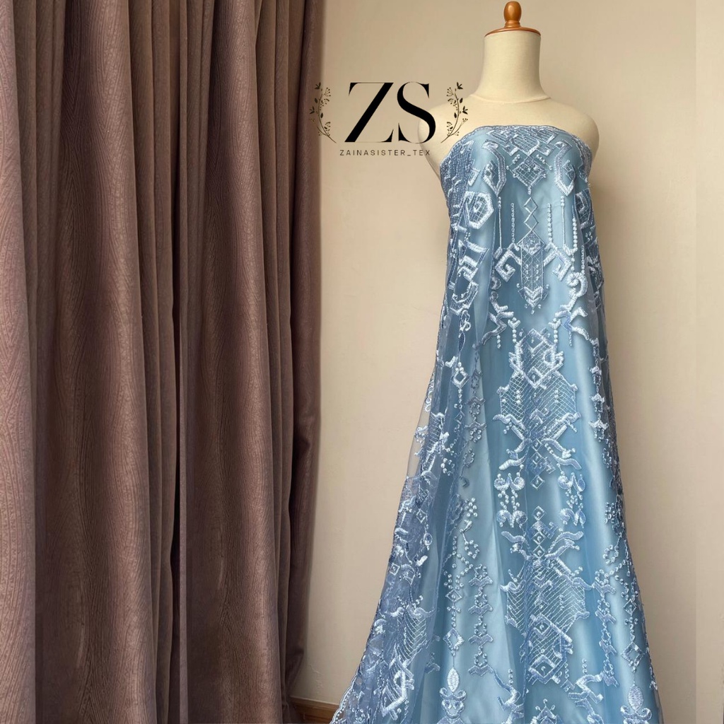 Tile Kebaya Exclusive Maison  Full Bordir by Designer Saptodjojo Warna Biru Muda Ice Blue