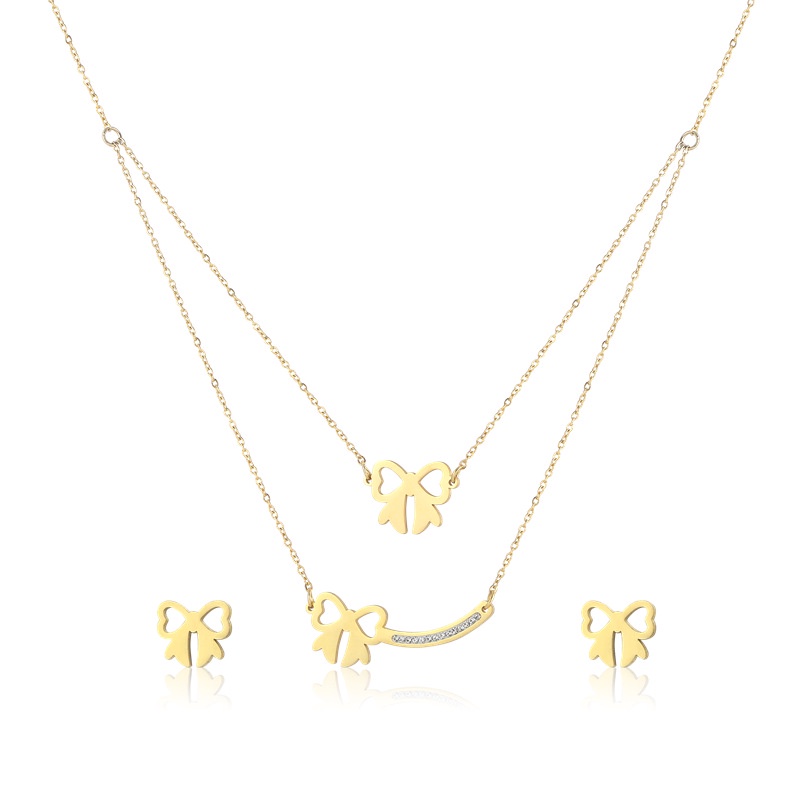 Stainless steel diamond kalung kerah double layer kalung busur tulang selangka kalung dan anting-ant