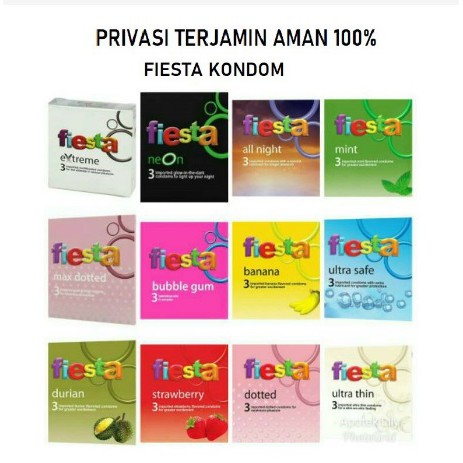 Kondom Fiesta All Night Bubble Gum Grape Strawberry Max Dotted Neon Ultra Safe Ultra Thin Party Pack