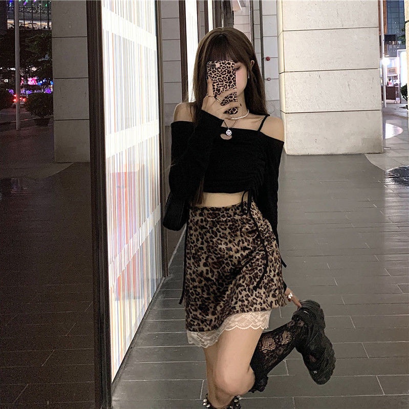 Hong Kong pusar T + seksi renda tepi leopard print rok setelan dua potong wanita