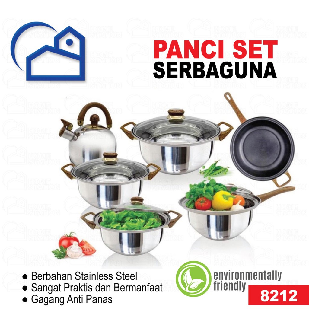Panci Wajan Teko set 12pcs Stainless steel with tutup kaca merk 8212 8213