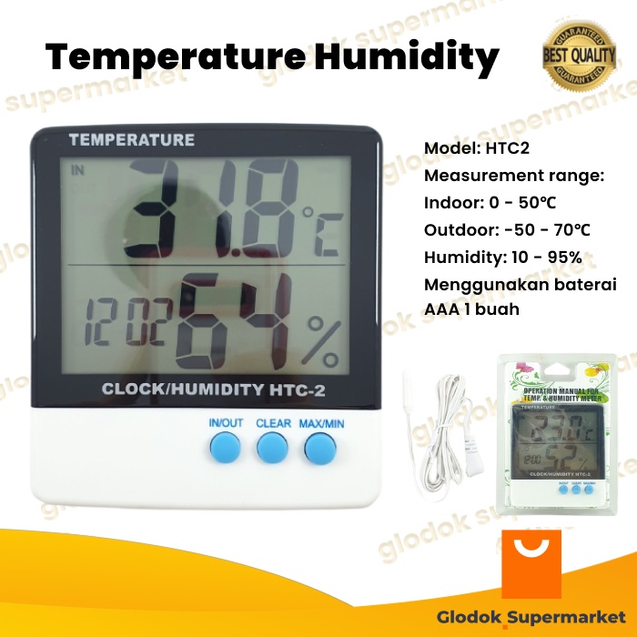 Hygrometer Thermometer Digital LCD HTC2 Alat Ukur Suhu Kelembapan HTC 2 Temperatur Humidity Clock