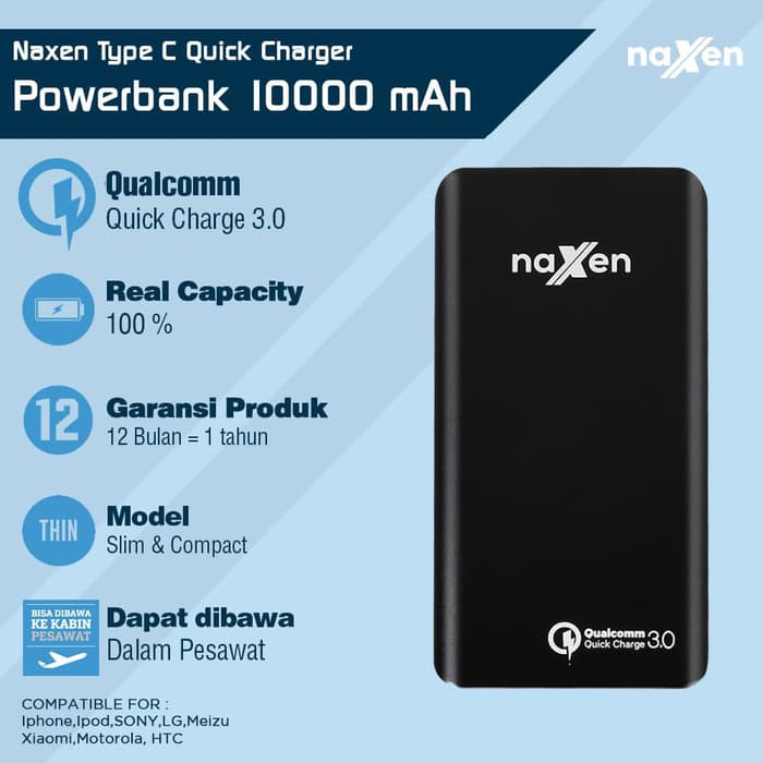 ORIGINAL Naxen Power bank Slim 10000 mAH Quick Charge 3.0 Type C Xiaomi Oppo 001