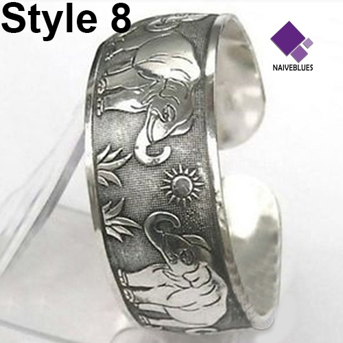 Gelang Bangle Cuff Model Lebar Motif Ukiran Gajah Warna Silver Gaya Vintage Tibet