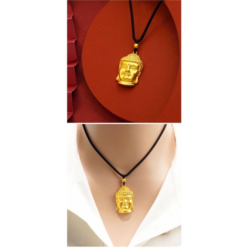 Goldkingdom Fashion Perhiasan Emas Asli Kadar 375 Bangkok Aksesoris Ready Stock Beruntung Buddha Kepala Liontin Adjustable Tali Lembut Retro Kalung