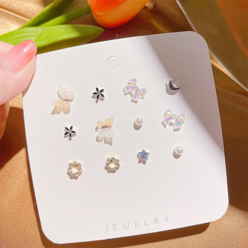 6 pair/set Fashion Women Jewelry Rhinestone Opal Heart Butterfly Pearl Flower Stud Earrings Set