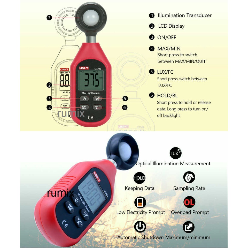 UNI-T UT383 Luxmeter Lux Meter Light Meter Alat Ukur Intensitas Kekuatan Cahaya Illuminometers Photometer Tester UT 383