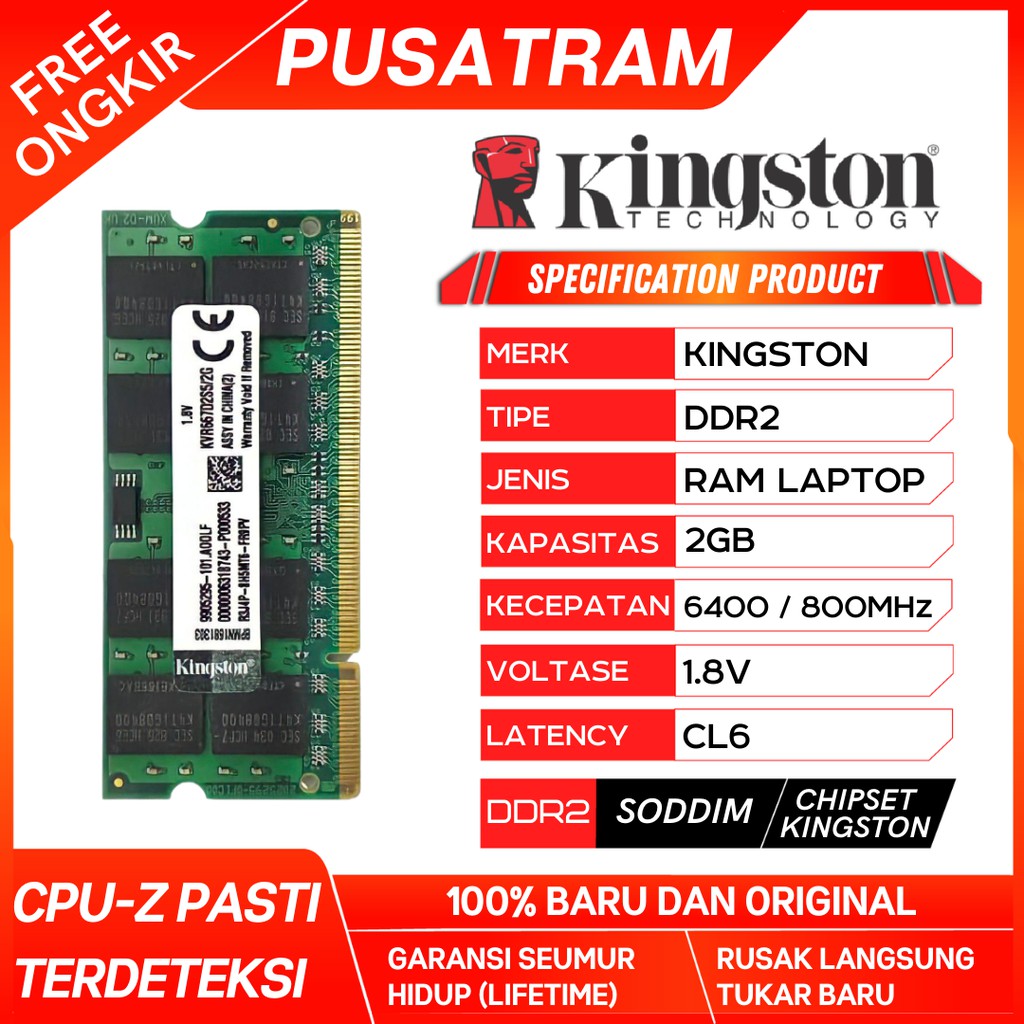 RAM LAPTOP KINGSTON DDR2 2GB 6400 / 800 MHz ORI RAM SODIMM 1.8V 2GB