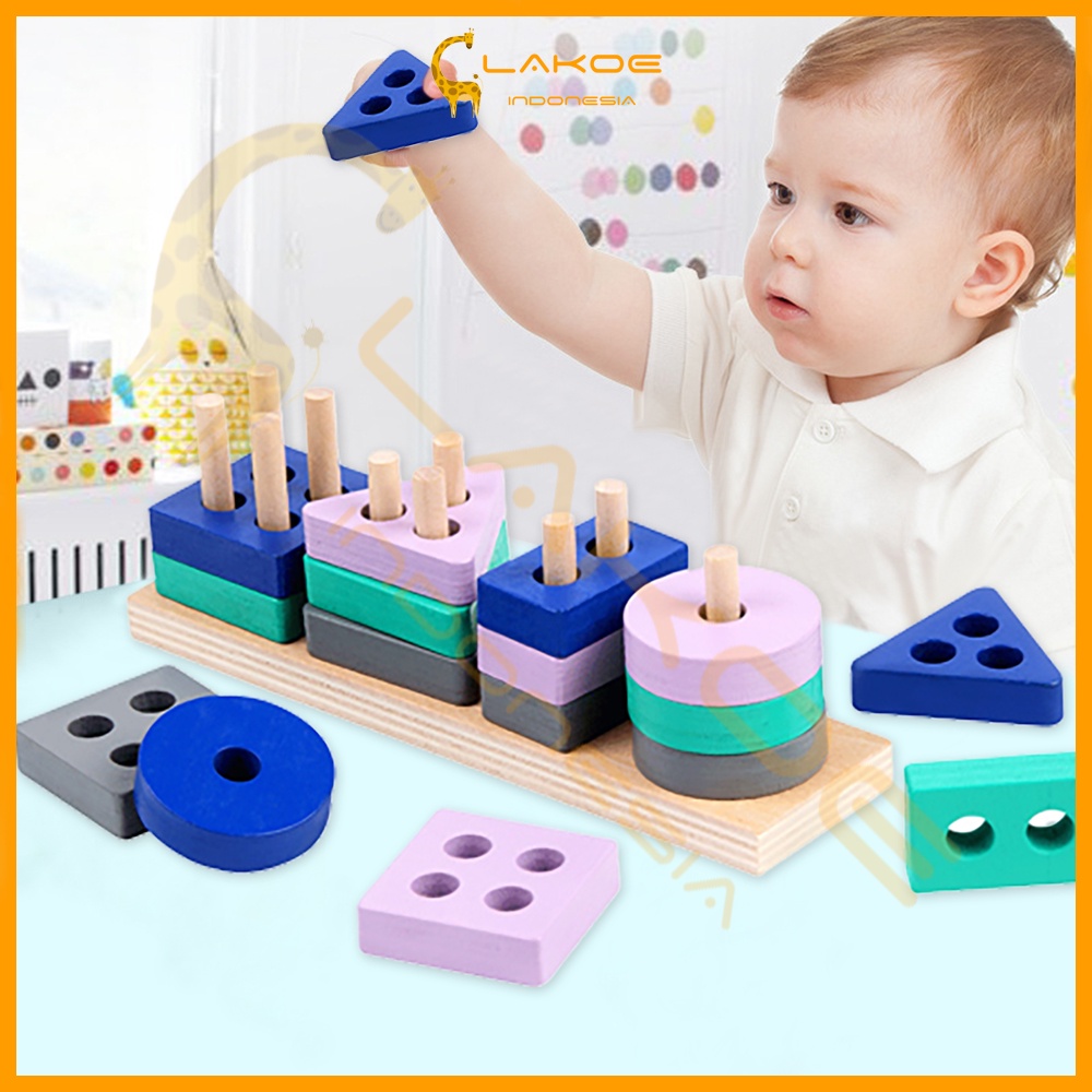 LAKOE Mainan puzzle kayu anak geometric board mainan balita Wooden Toys