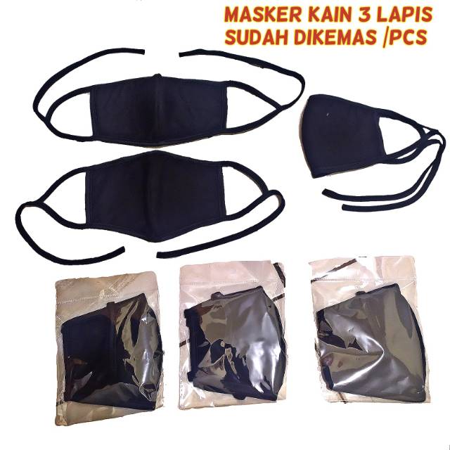 12 pcs- Masker kain hitam polos 3 lapis/masker kain cantolan kuping 3 ply/masker motor/12 pcs