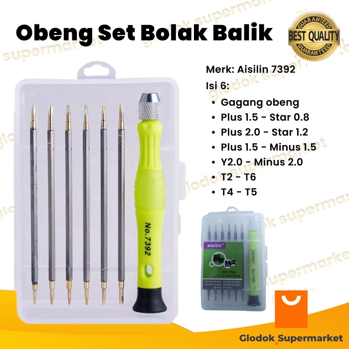 Obeng Set Bolak Balik 7 in 1 Aisilin 7392 7pcs Screwdriver Plus Minus Star Reparasi Tools Jam HP