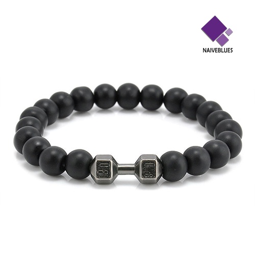 Naiveblue &gt; Gelang Tangan Unisex Dewasa Manik Batu Hitam Matte Adjustable Untuk Fitness / Gym