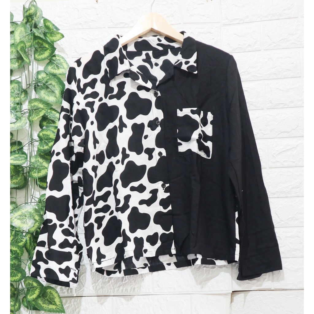 Baju Kemeja Wanita Two Tone Animal Kekinian / Kemeja dua warna / Top Wanita / Atasan Wanita-Sapi Hitam Panjang