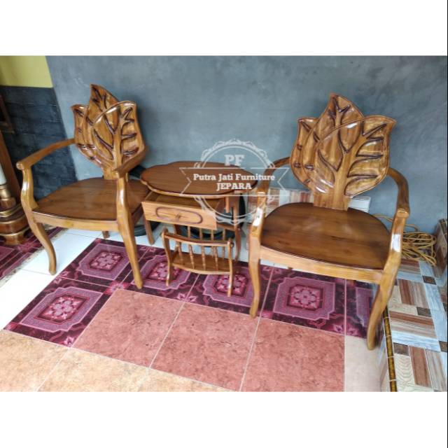 Meja Kursi Hias Teras Dari Kayu Jati Ukir Jepara, Meja Kursi Taman Ukir Daun Jati Blok