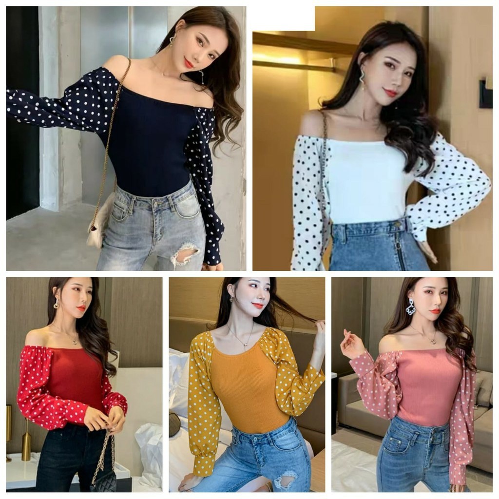 TBI Sexy Slim Baju Rajut Kekinian Import Sabrina Polkadot Knitwear Lengan Panjang