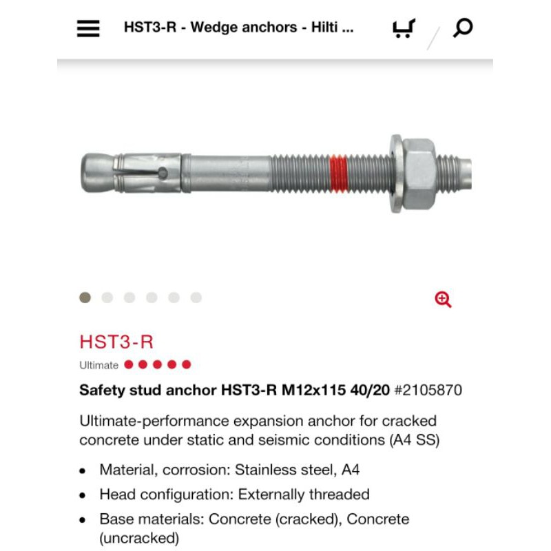 Jual HILTI DYNABOLT DINABOLT TRUBOLT ANCHOR ANGKUR HST3R M12 X 115 SS
