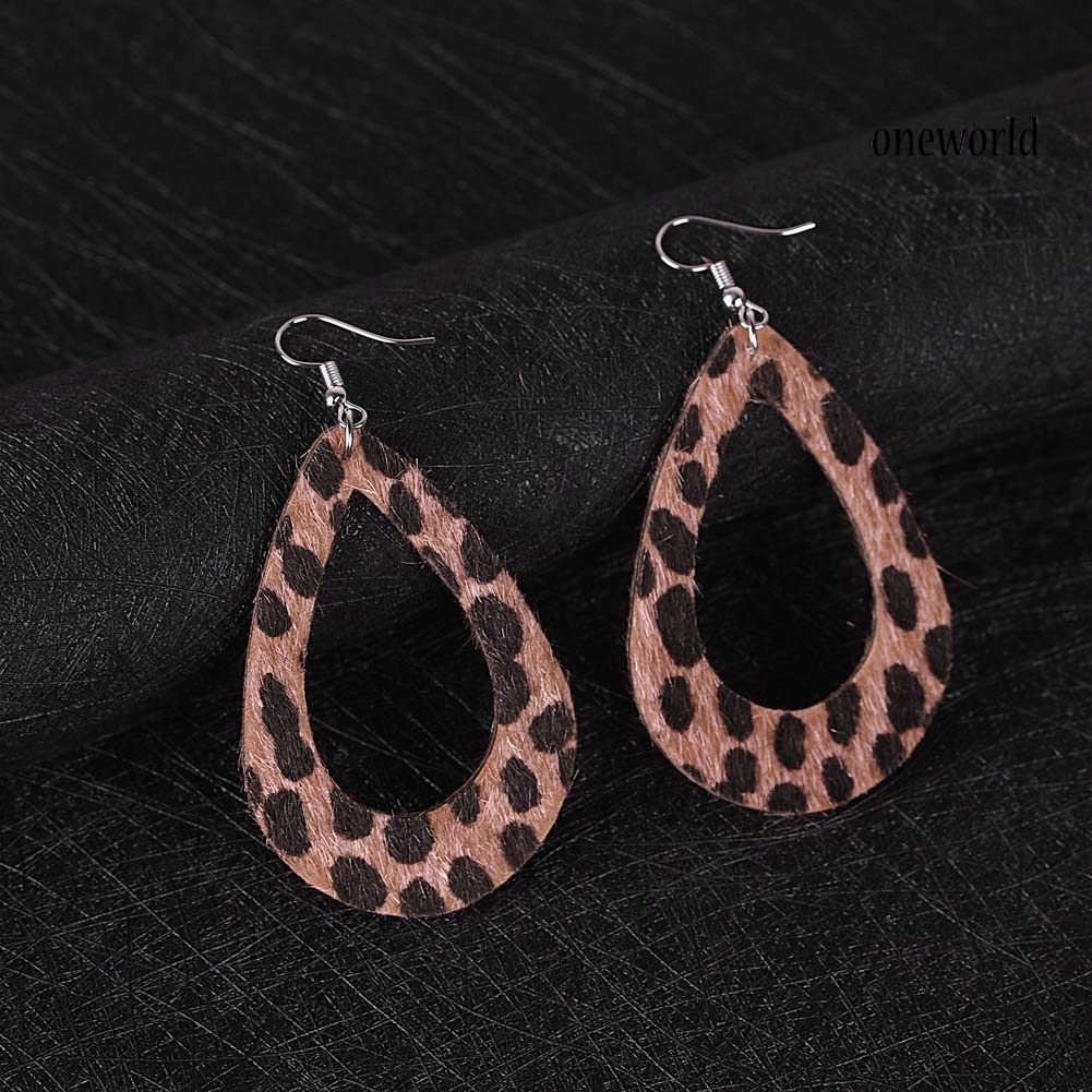 OW# Women Leopard Print Teardrop Dangle Faux Leather Hook Earrings Jewelry Gift