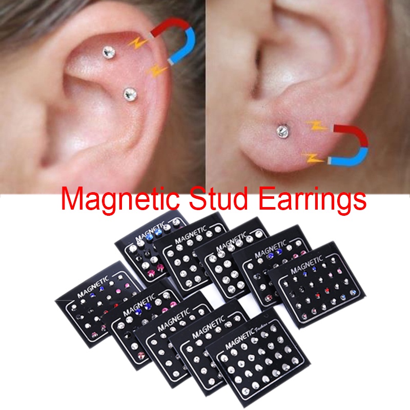 24pcs / set Anting Tusuk Magnetik Tanpa Tindik Bentuk Bulat Hias Berlian Imitasi Untuk Wanita
