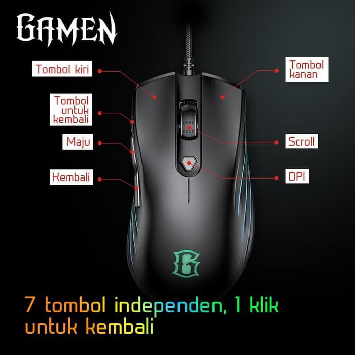 Mouse Gaming GAMEN GM1500 6400DPI Optical Positioning Technology with 6 Lighting Effects Modes