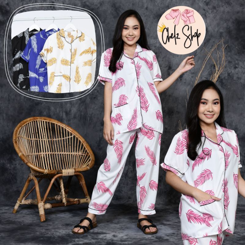 Baju Tidur Piyama Wanita/Cewek Pajamas Dewasa Motif Daun Kekinian Katun