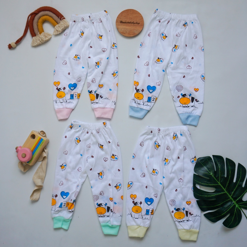 Celana Panjang Bayi Putih Newborn 0-9 Bulan Motif Sapi Lucu