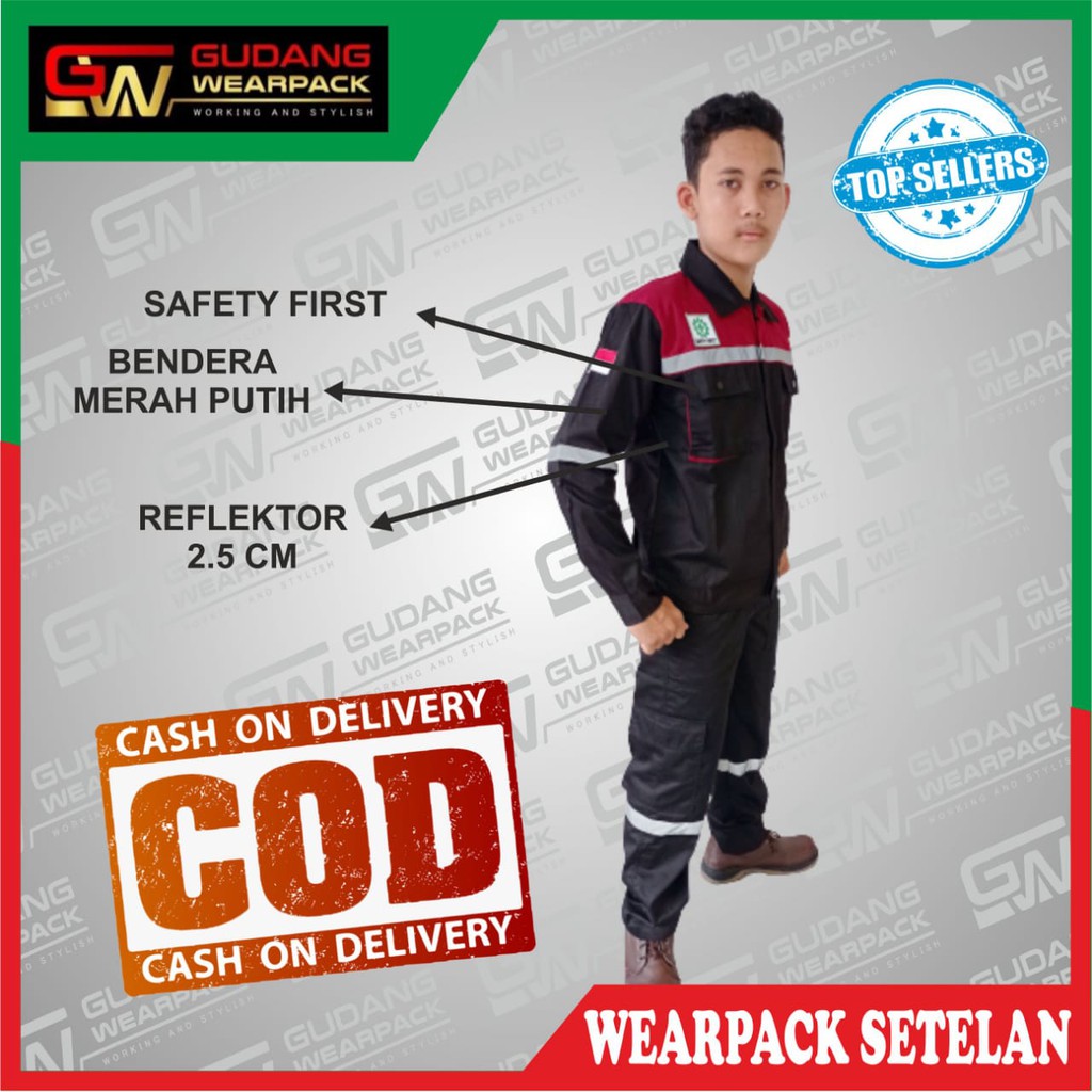 Star Wearpack - Baju Kerja Setelan Baju &amp; Celana Warna Hitam Kombinasi Maroon Lengan Panjang