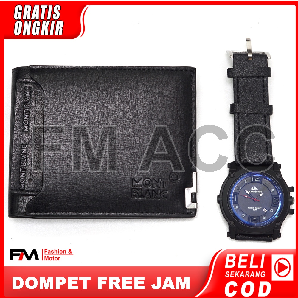 Dompet Pria lipat Pendek Import Include BOX + Jam Tangan Pria Casual Premium-HITAM