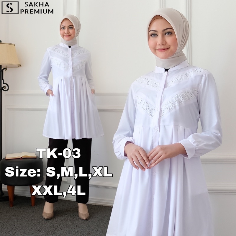 Sakha - TK 03 Tunik Putih Muslim Wanita Atasan Putih Kerja kantor PNS guru Baju Putih Terlaris