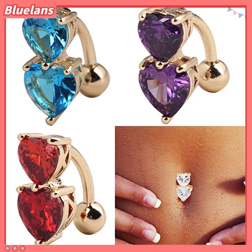 Bluelans Reverse Crystal Zircon Bar Belly Ring Gold Body Piercing Button Navel Two Hearts