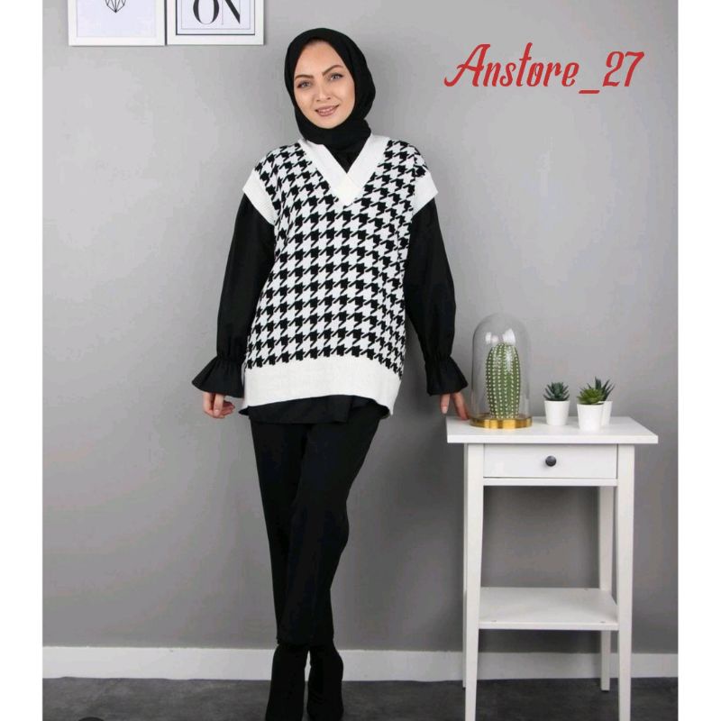 Pakaian wanita muslim Outwear Rajut Houndstooth Rompi Kekinian