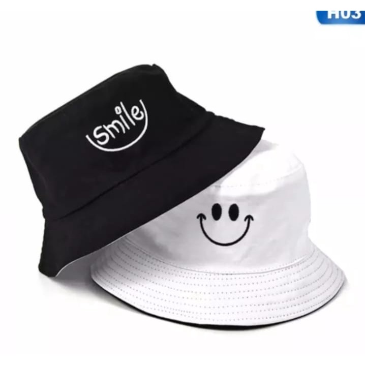 Topi Bucket Wanita Motif Bordir Smile Face untuk Outdoor bolak balik MODEL BARU MASA KINI