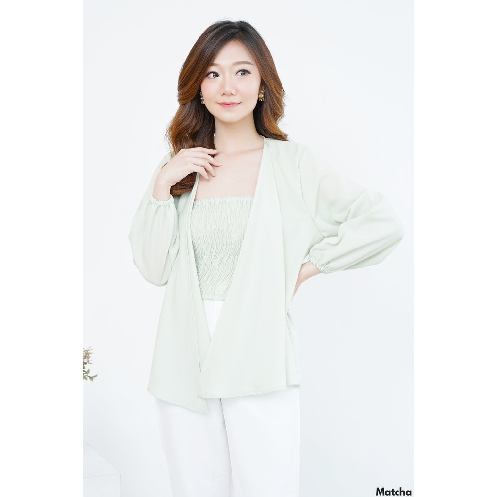COTTONBELLS ATASAN CASUAL WANITA THERE TANKTOP SERUT + OUTER PLAID TOP ( LQ - B 11556 )-MATCHA