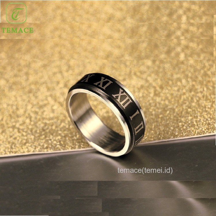 TEMACE Cincin Tauhid Angka Romawi Balik Cincin Lapis Rotatable Baja Perhiasan Laki-Laki Hitam 8MM