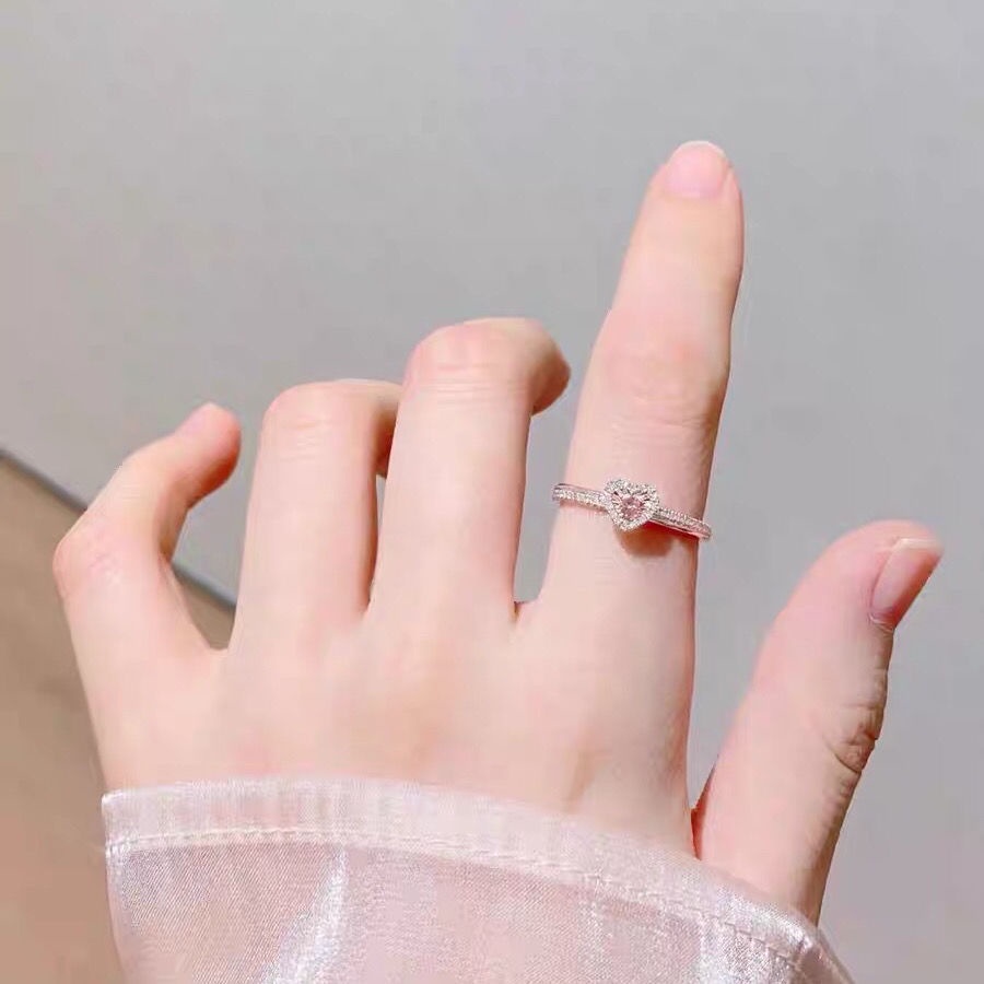 Disney Cincin 925 Silver Bentuk Hati Aksen Cubic Zirconia Warna Pink Ukuran Adjustable