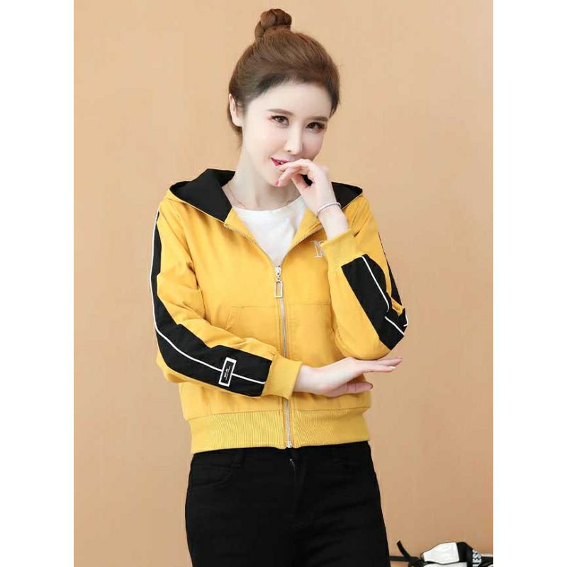 Jaket hoodie wanita import jaket korea polyester kuning outer wanita jaket wanita baju import