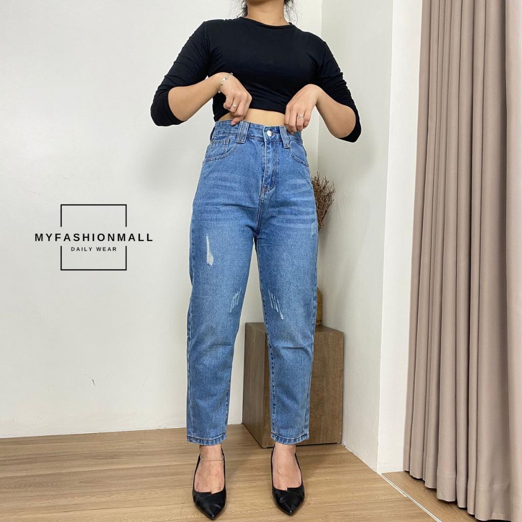 [MFM] Shelin Boyfriend Jeans Baggy Ripped Sobek Celana Wanita Highwaist Pinggang Hijab Friendly
