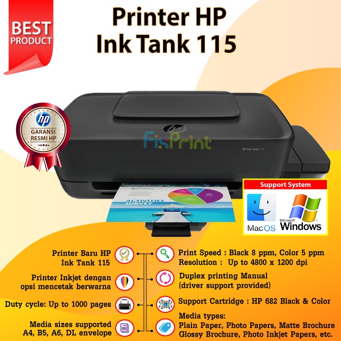 HP Ink Tank 115 Printer InkTank with Cartridge Tinta Infus GT51 GT52