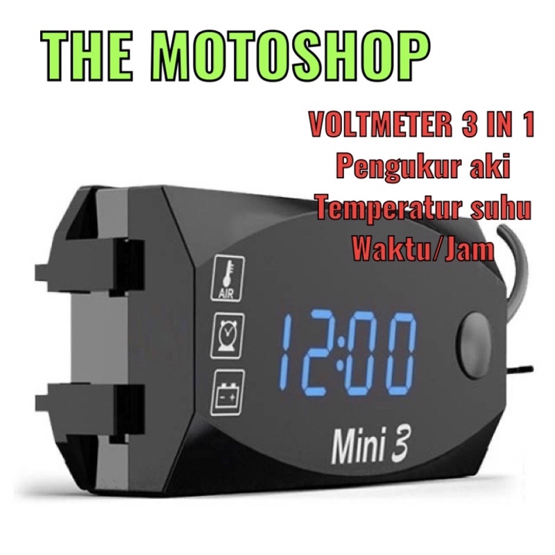 VOLTMETER 3 IN 1 DIGITAL VOLTAGE TEMPERATUR SUHU JAM / WAKTU WATERPROFF ANTI AIR BUAT SEMUA JENIS MOTOR